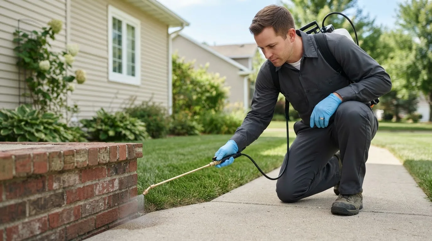Pest control technician treating a home near Arvilla, ND